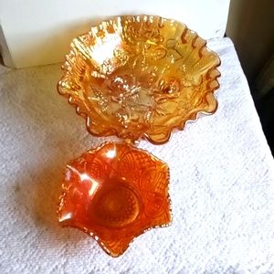Carnival glass by Imperial, Rose motif footed bowl & small bowl